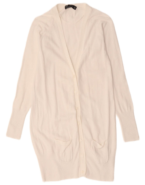 Zara Damen Longline-Cardigan-Pullover UK 14 Große weiße Baumwolle