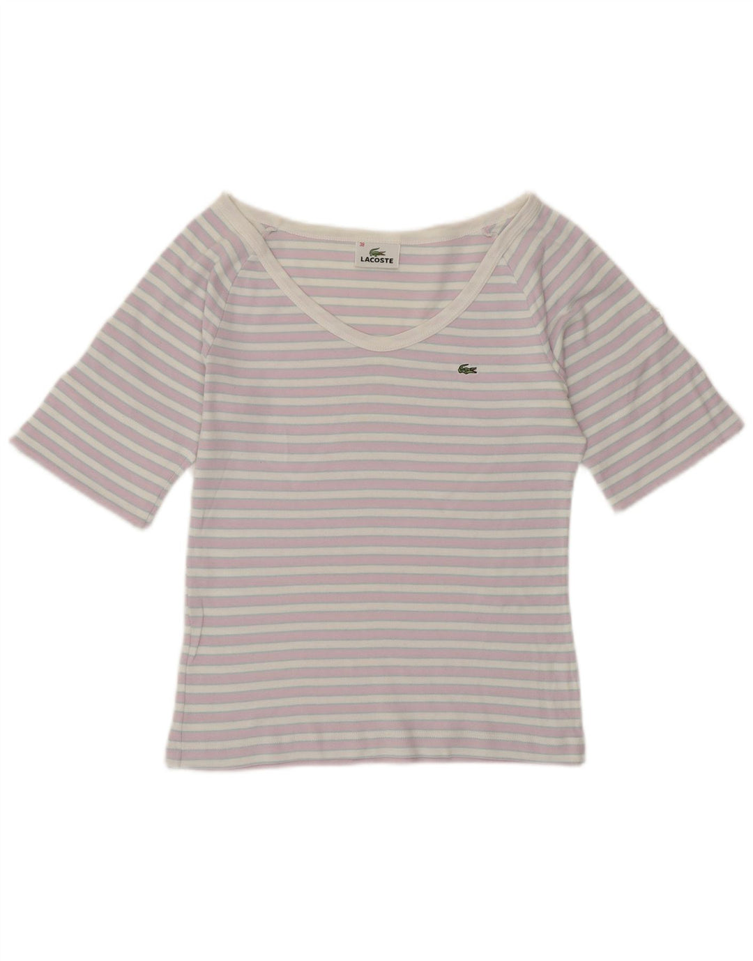 LACOSTE Damen Crop Off Shoulder T-Shirt Top EU 38 Mittellila gestreift