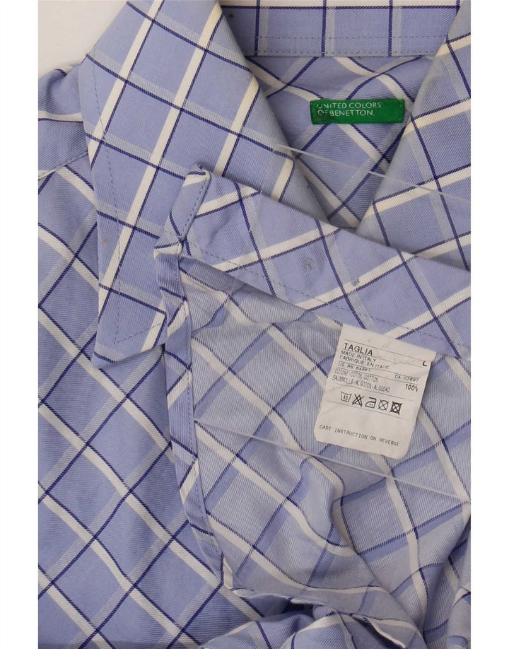 Benetton Herrenhemd, groß, blau kariert, Baumwolle