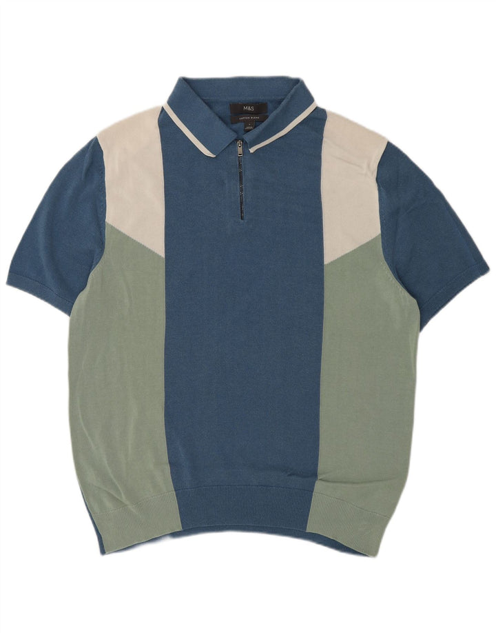 Marks & Spencer Herren-Pullover mit Polokragen, Größe L, Blau, Farbblock