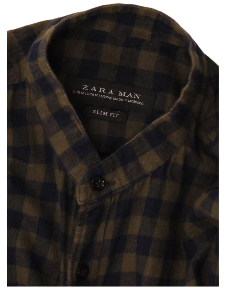 ZARA Slim-Fit-Flanellhemd für Herren, mittleres Khaki-Karomuster