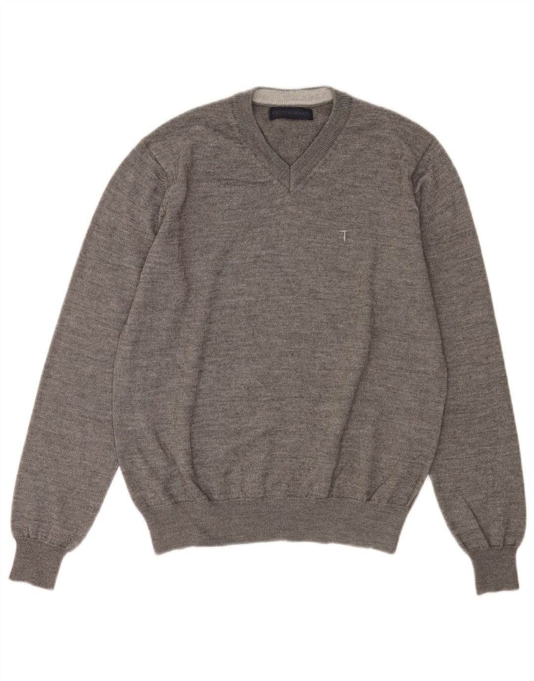 Trussardi Herren-Pullover mit V-Ausschnitt aus mittelgrau gesprenkelter Wolle