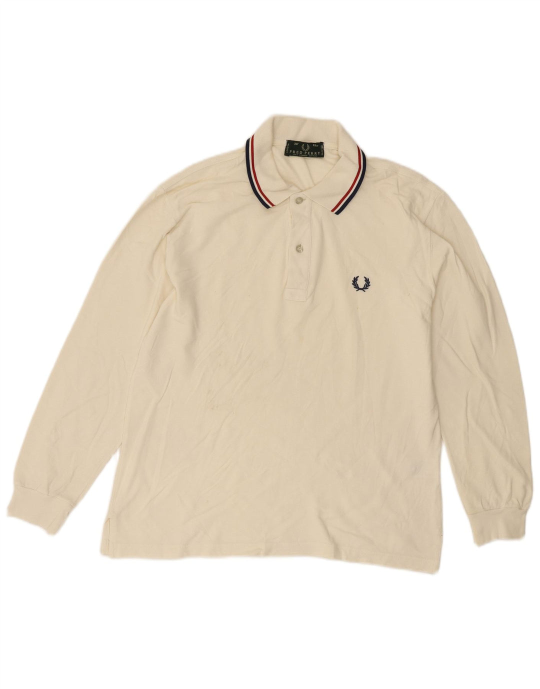 Fred Perry Herren-Langarm-Poloshirt, Größe S, cremefarbene Baumwolle