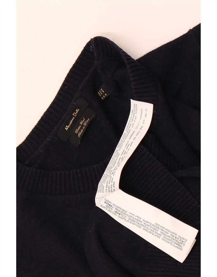 Massimo Dutti Herren-Pullover mit Rundhalsausschnitt, mittelmarineblaue Baumwolle