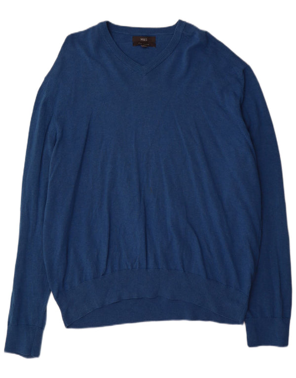 Marks & Spencer Mens V-Neck Jumper Sweater 3XL Blue Cotton