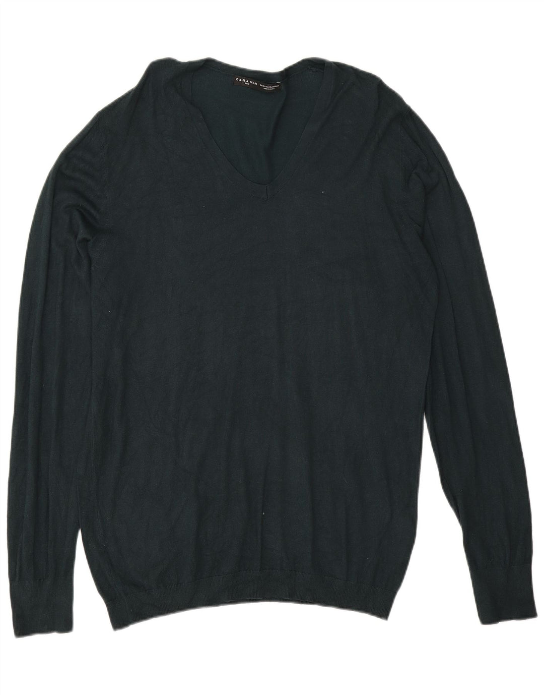 Zara Herren-Pullover mit V-Ausschnitt, XL, grüne Viskose