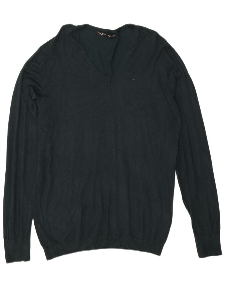 Zara Herren-Pullover mit V-Ausschnitt, XL, grüne Viskose