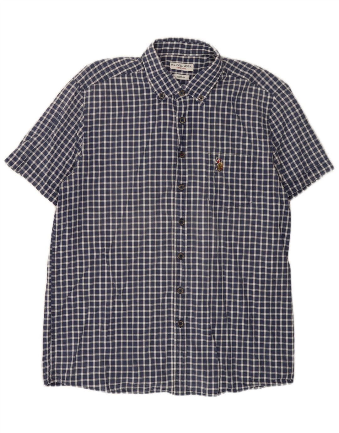U.S. Polo Assn. Herren-Hemd, normal, kurzärmelig, groß, Marineblau mit Gingham-Karomuster