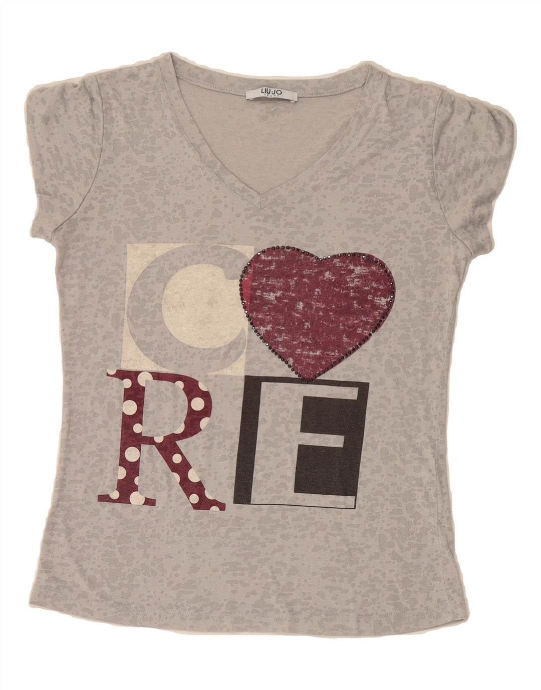 LIU JO Womens Graphic T-Shirt Top UK 12 Medium Grey Spotted Vintage Liu Jo and Second-Hand Liu Jo from Messina Hembry 