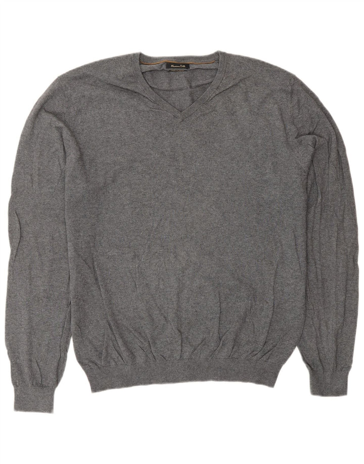 Massimo Dutti Herren-Pullover mit V-Ausschnitt, XL, graue Baumwolle
