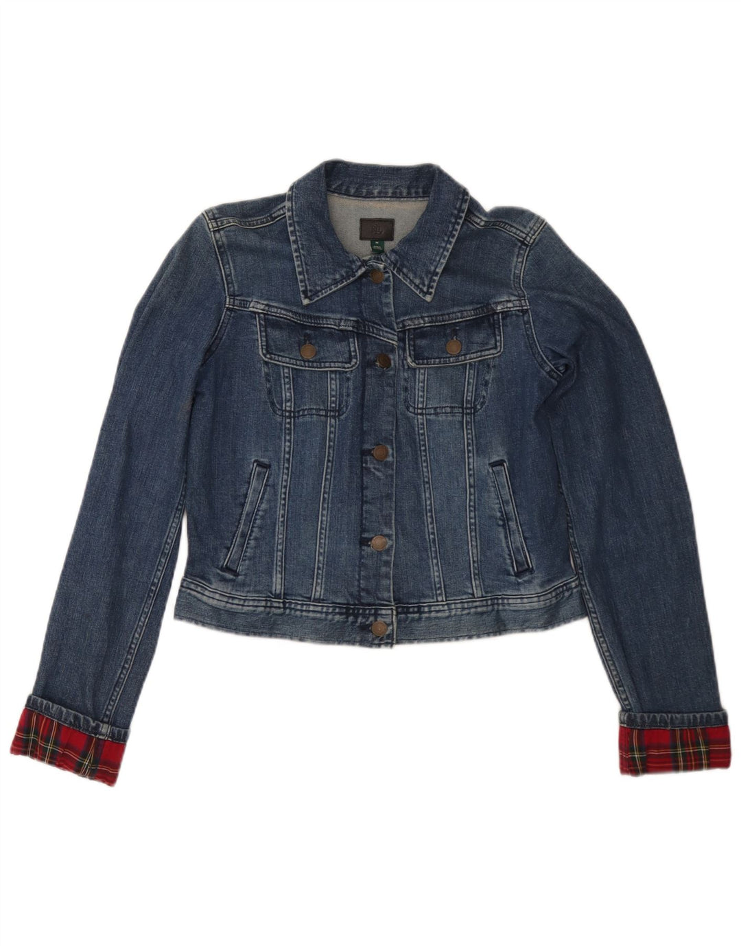 Ralph Lauren Damen Crop Denim Jacke UK 12 Mittelblau karierte Baumwolle