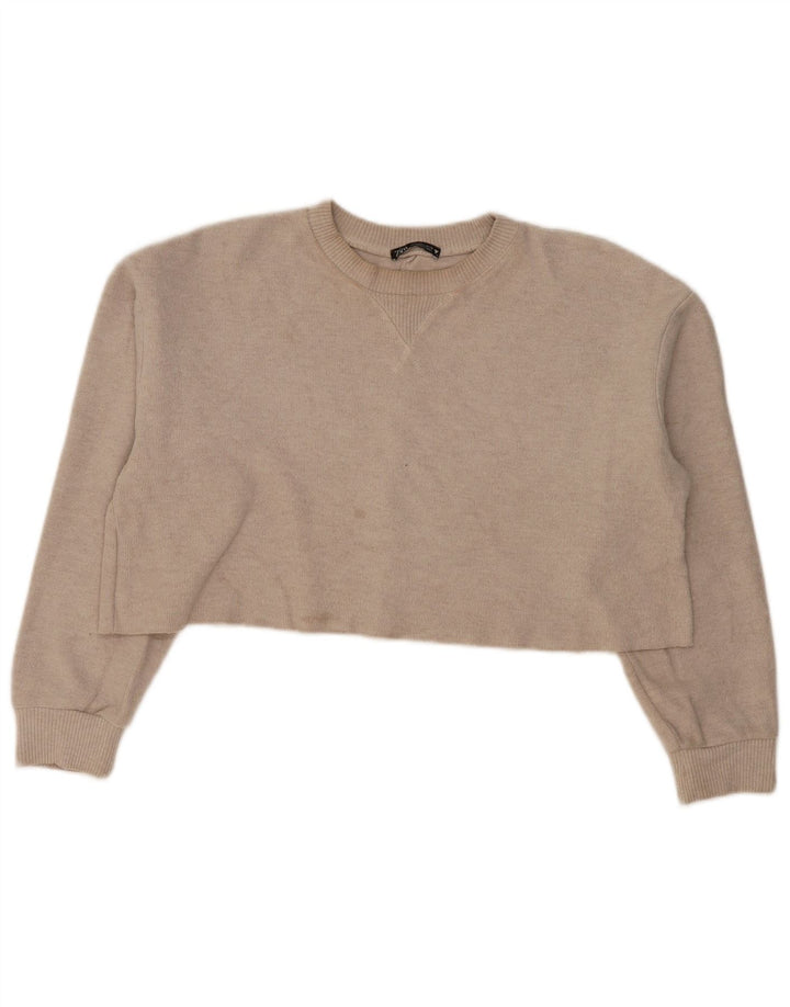 Zara Damen Crop Oversized Sweatshirt Pullover UK 16 Large Beige Polyester