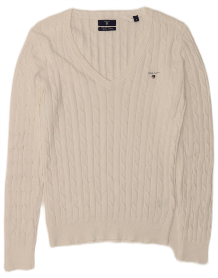 Gant Damen-Pullover mit V-Ausschnitt, Gr. 10, Größe S, weiße Baumwolle