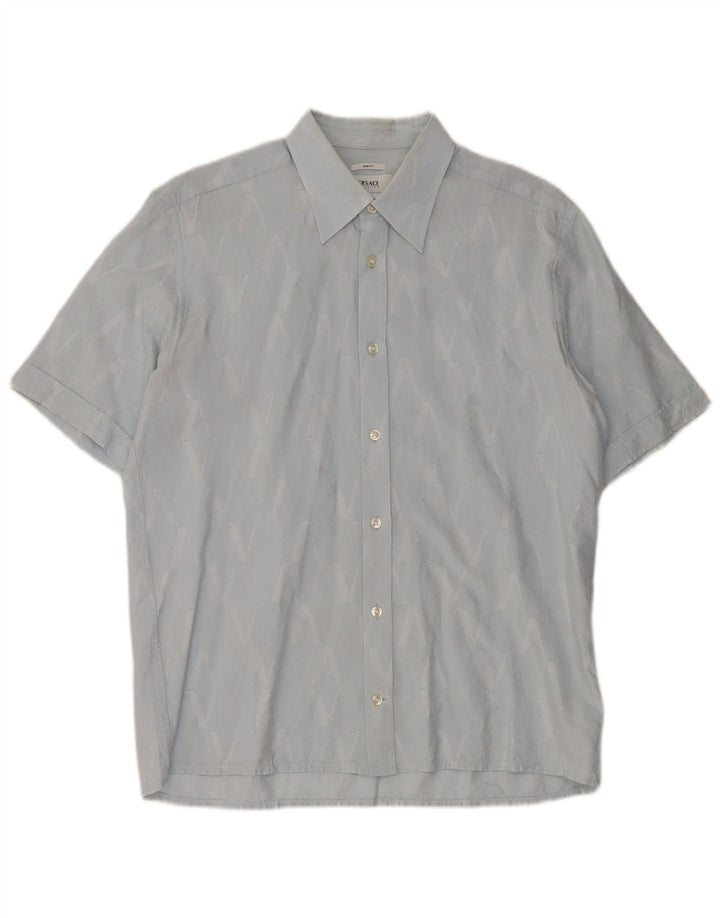 Versace Herren Kurzarmhemd Größe 40 15 3/4 Mittelblau geometrisch