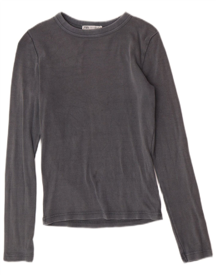 Zara Damen Top Langarm UK 12 Mittelgraue Baumwolle