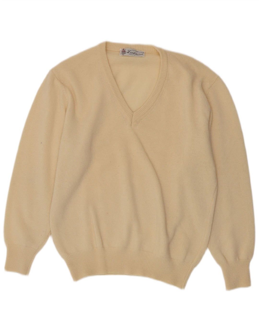 Vintage Herren V-Ausschnitt Pullover Pullover Medium Beige Lammwolle