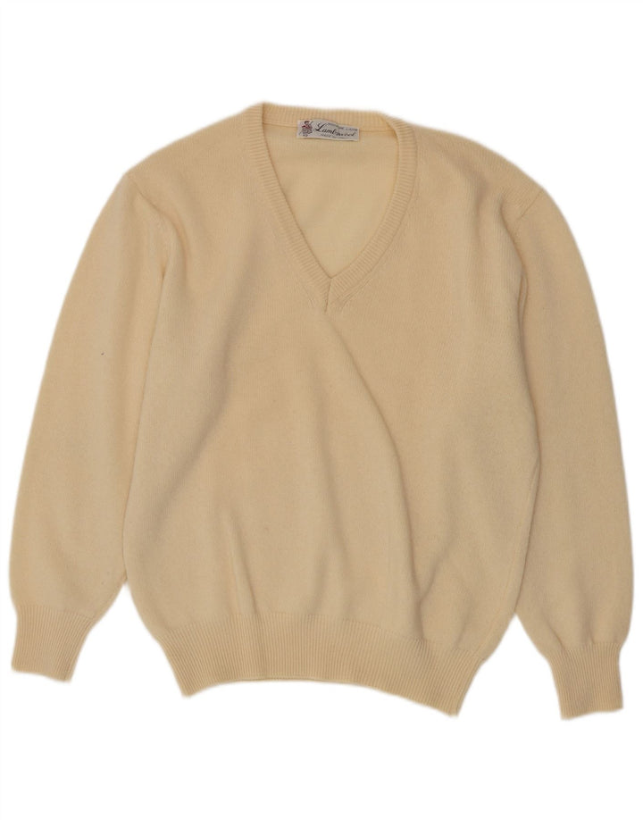 Vintage Herren V-Ausschnitt Pullover Pullover Medium Beige Lammwolle