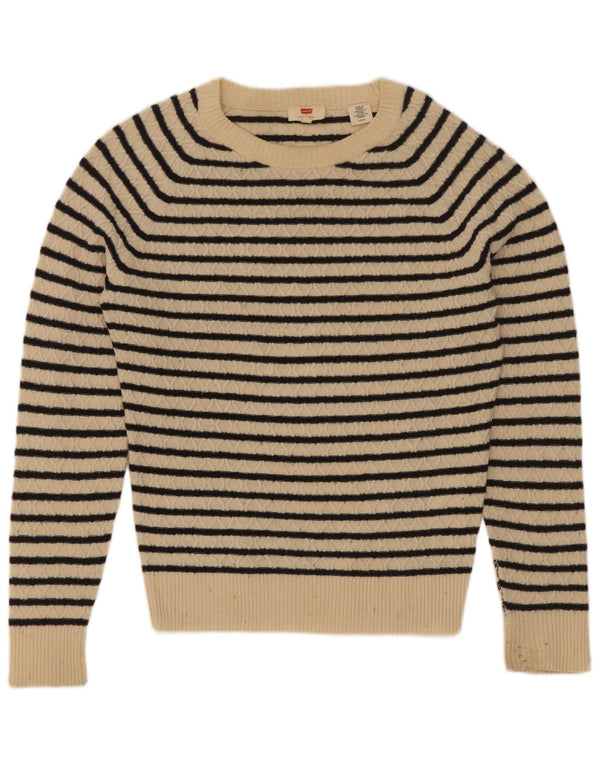 Levi's Damen-Pullover mit U-Boot-Ausschnitt, Gr. 10, kleine beige gestreifte Wolle
