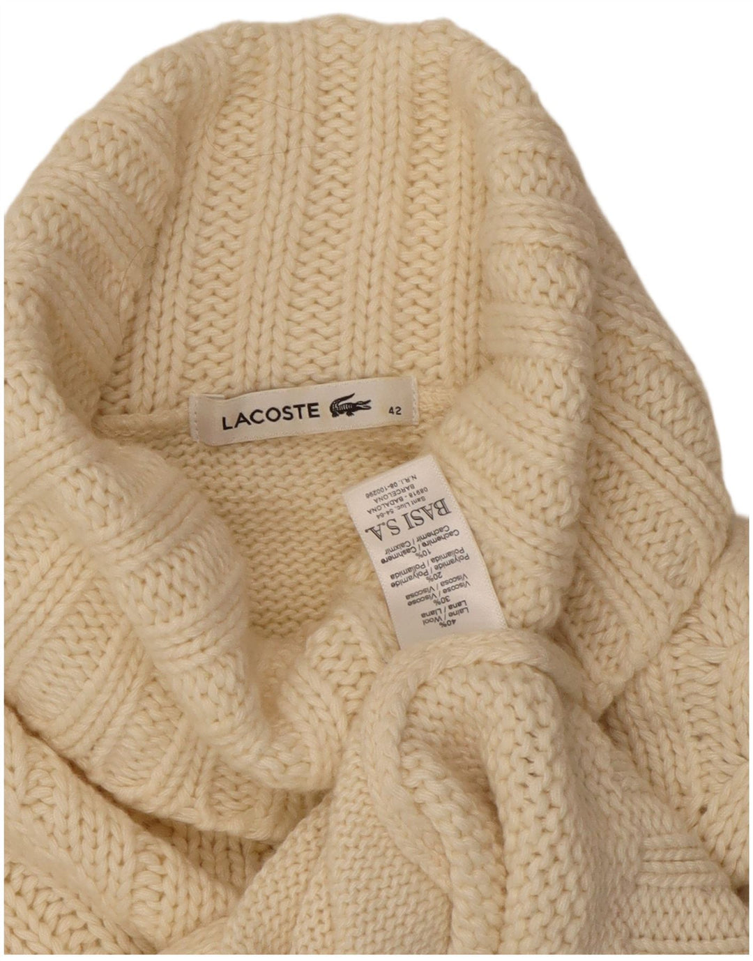 Lacoste Damen-Pullover mit Rollkragen, Größe 42, große, cremefarbene Wolle