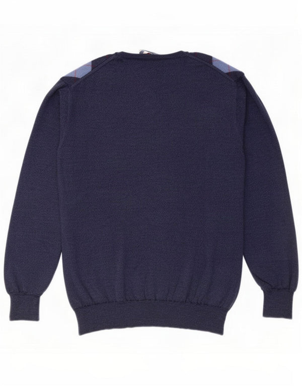 Vintage Mens V-Neck Jumper Sweater IT 54 XL Navy Blue Argyle/Diamond Wool