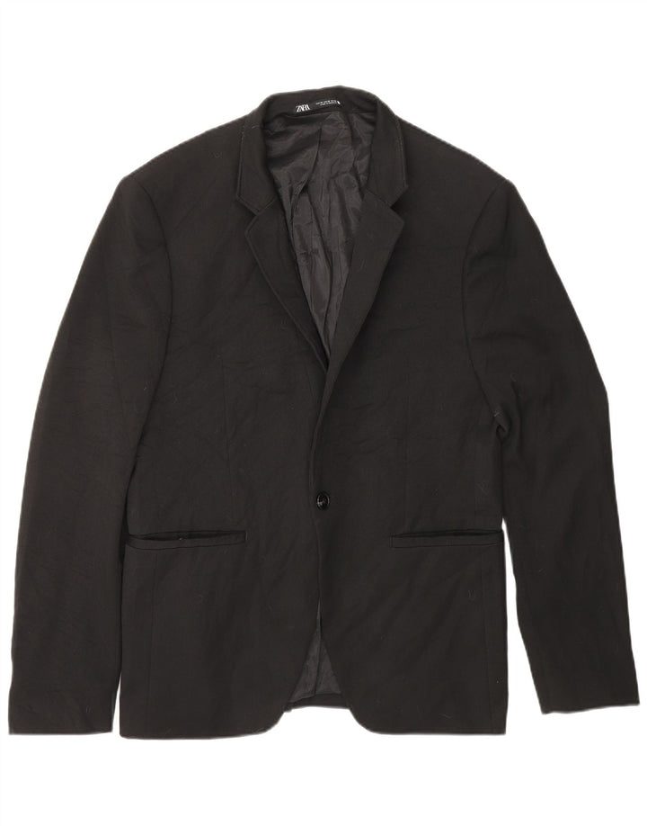ZARA Herren 1-Knopf-Blazerjacke EU 48 Mittelschwarzes Polyester