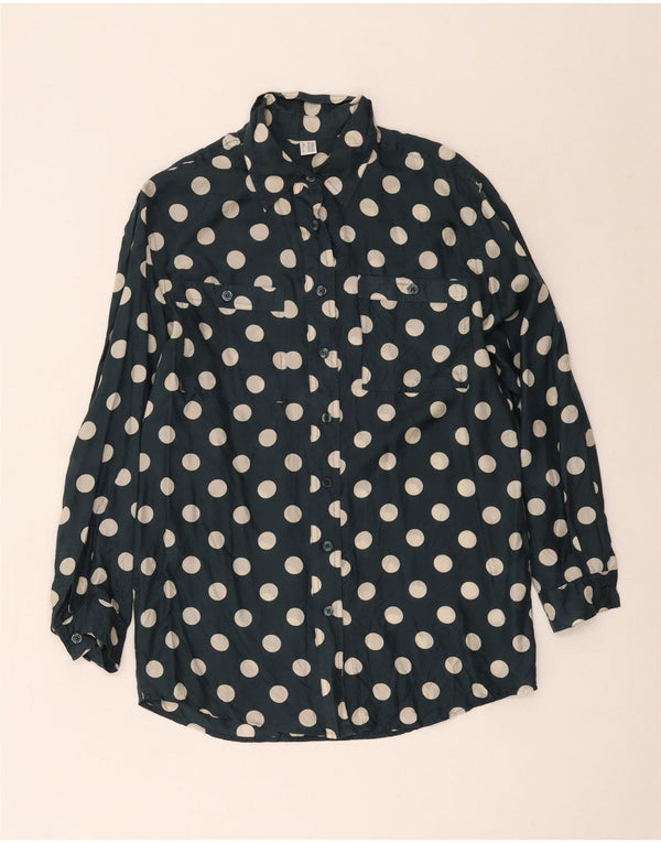 Vintage Damen Longline Relaxed Fit Shirt UK 8/10 Small Marineblau Polka Dot