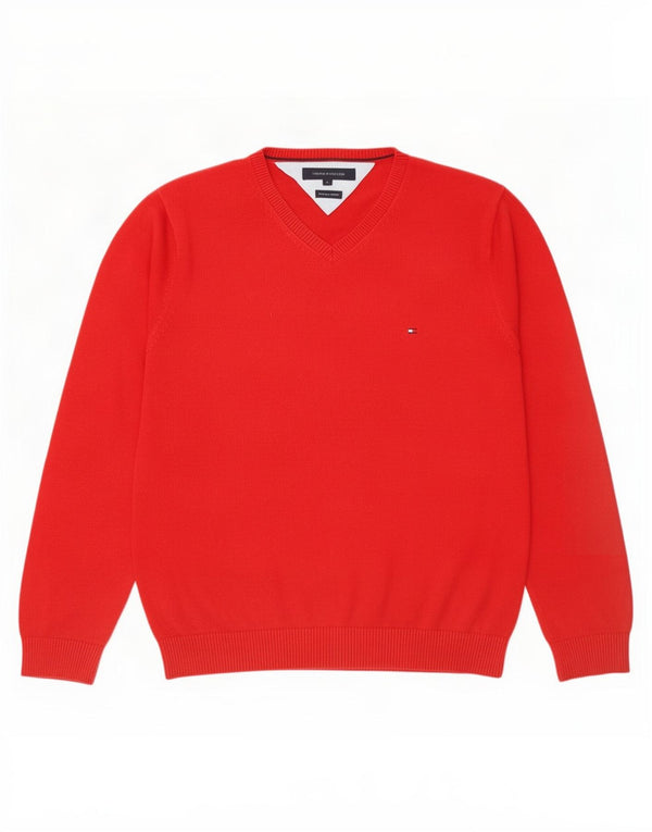 Tommy Hilfiger Mens V-Neck Jumper Sweater Large Red Cotton