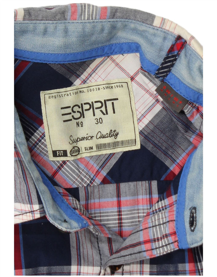 Esprit Herren-Slim-Fit-Hemd aus mittelblauer Karo-Baumwolle in Marineblau