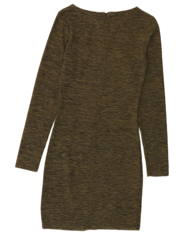 Superdry Damen Langarm-Etuikleid UK 4 XS Khaki gefleckte Viskose