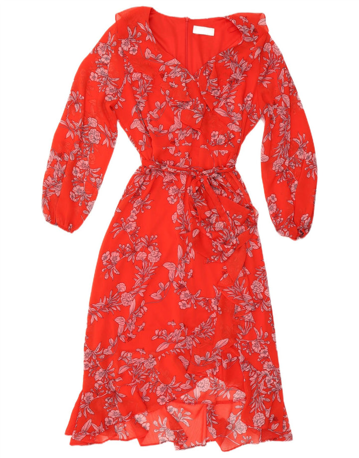 WALLIS Damen-Maxikleid mit langen Ärmeln, UK-Größe 44, großes rotes Blumenmuster, Polyester