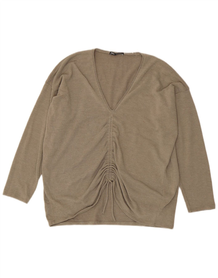 Zara Damen Übergroßes Top Langarm UK 12 Medium Beige Polyester
