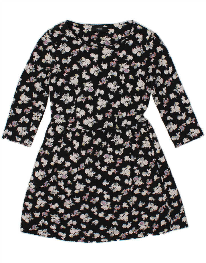 NEXT Womens 3/4 Sleeve Basic Dress UK 10 Small Black Floral Vintage Next and Second-Hand Next from Messina Hembry 