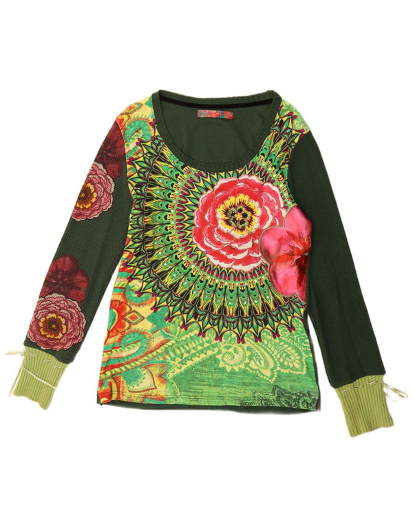 DESIGUAL Damen Graphic Top Langarm UK 18 XL Grün geblümt