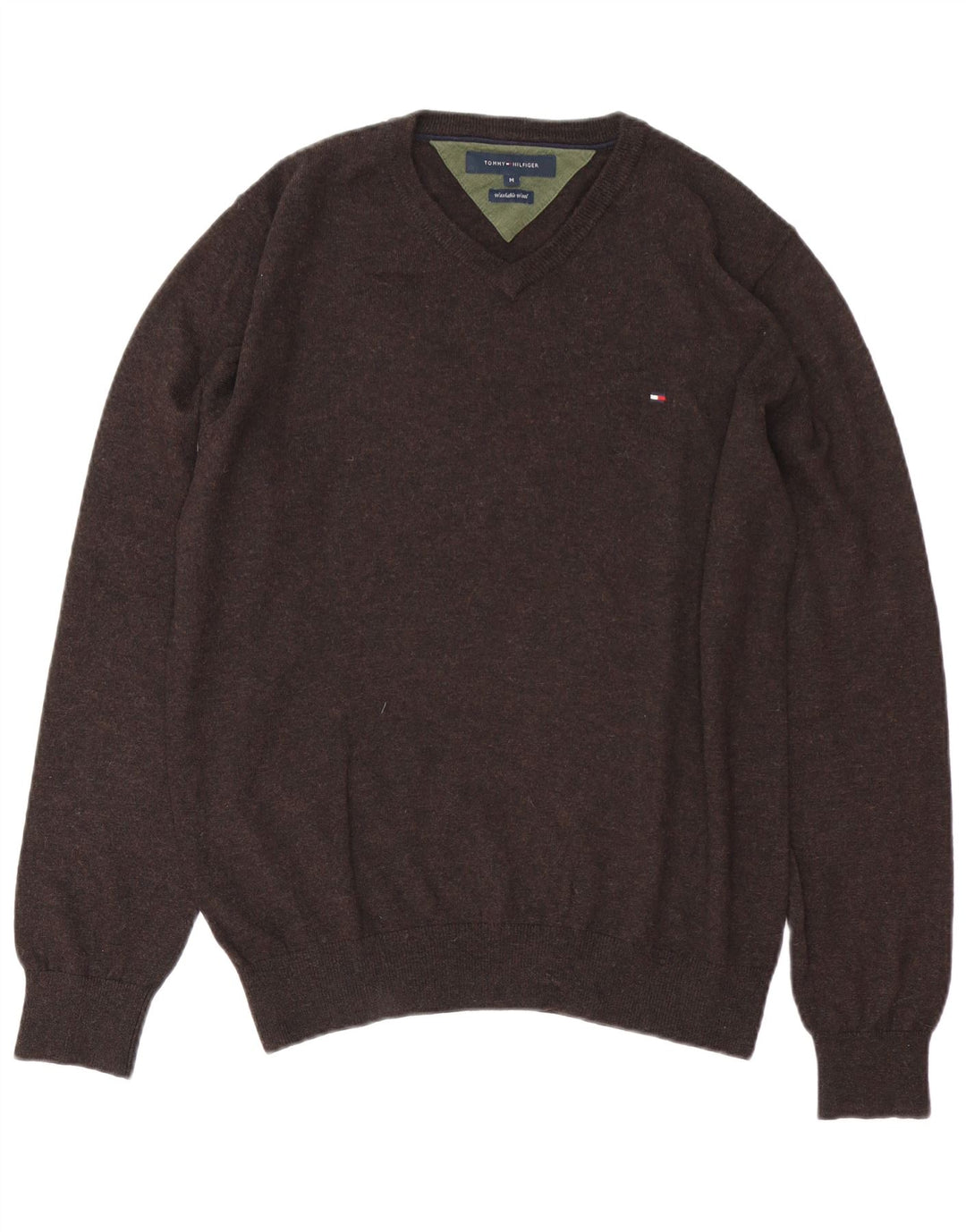Tommy Hilfiger Herren-Pullover mit V-Ausschnitt aus mittelbrauner Wolle
