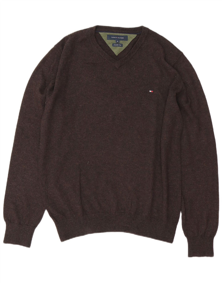 Tommy Hilfiger Herren-Pullover mit V-Ausschnitt aus mittelbrauner Wolle