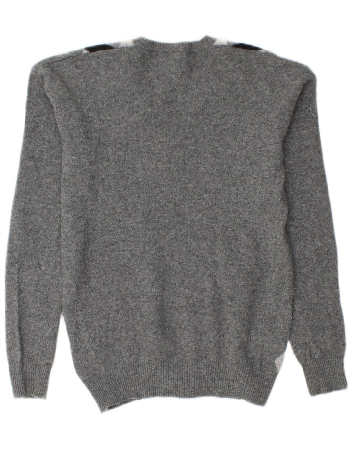 BENETTON Damen-Pullover mit V-Ausschnitt, Gr. 10, Größe S, graue Argyle-/Diamantwolle