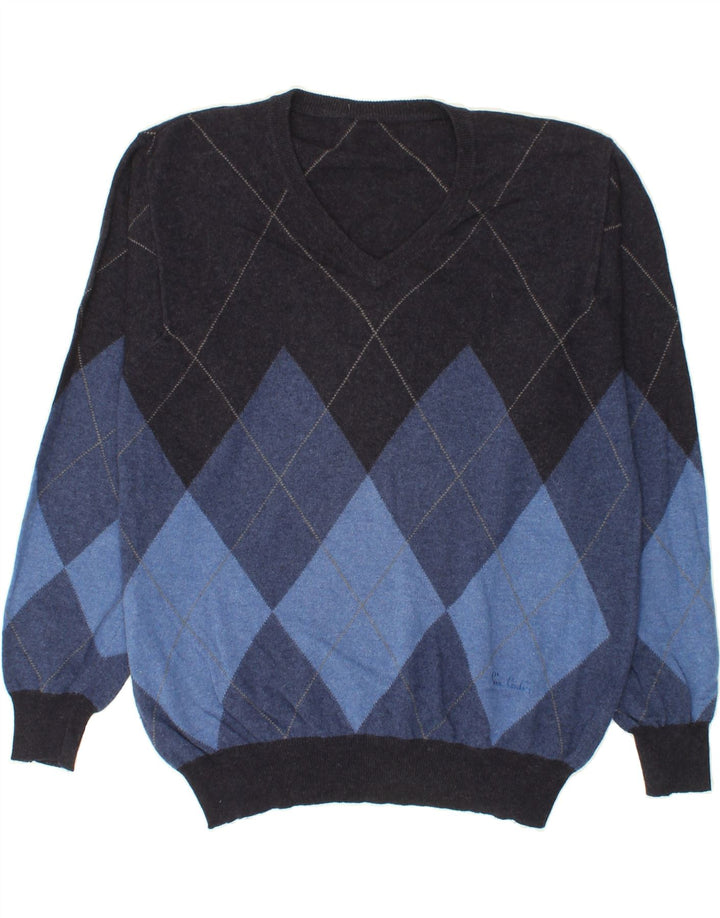 VINTAGE Herren Pullover mit V-Ausschnitt IT 52 Großes Marineblau Argyle/Diamant