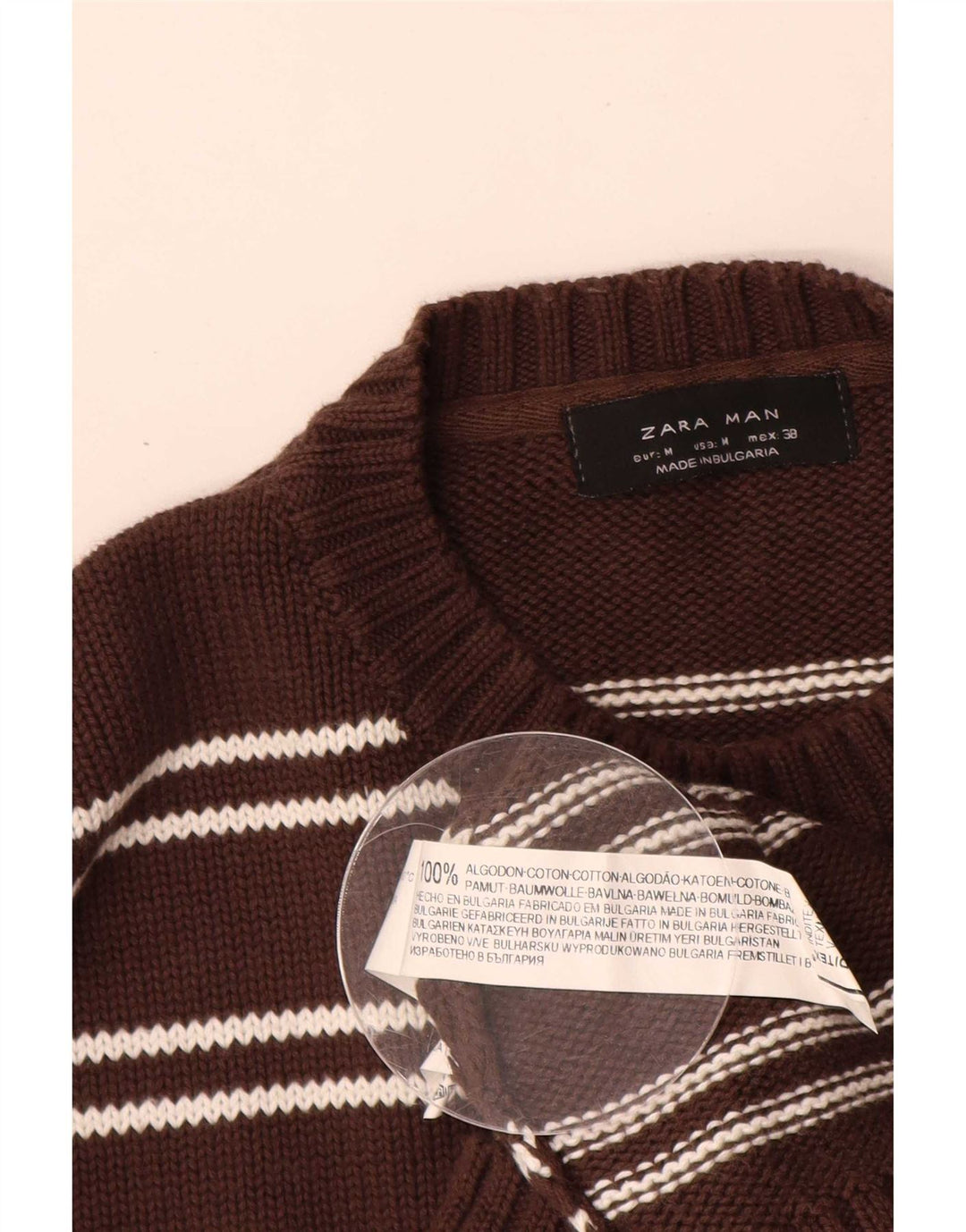 Zara Herren-Pullover mit Rundhalsausschnitt, mittelbraun, gestreift, Baumwolle