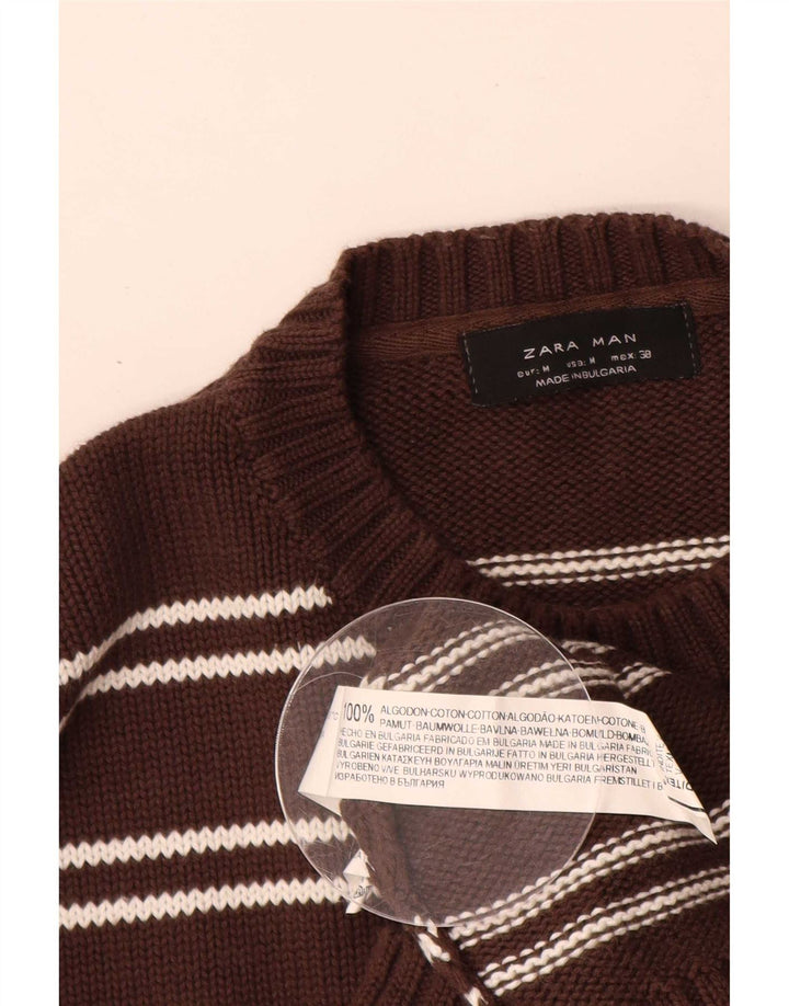 Zara Herren-Pullover mit Rundhalsausschnitt, mittelbraun, gestreift, Baumwolle