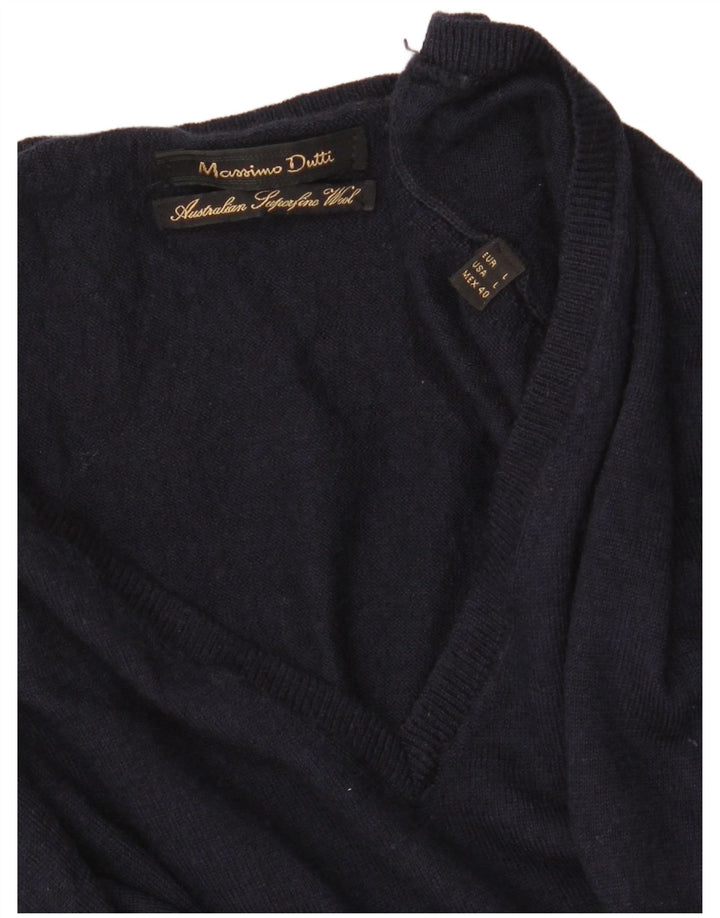 Massimo Dutti Herren-Pullover mit V-Ausschnitt, Größe L, Marineblau