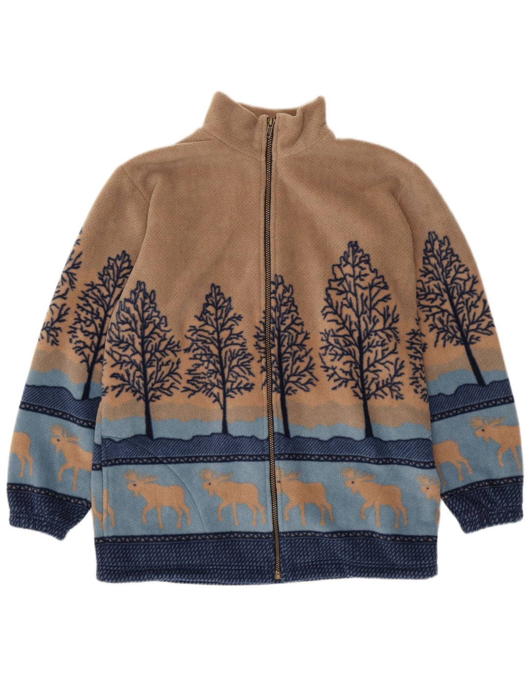 VINTAGE Damen Fleecejacke UK 14/16 Large Beige Animal Print Polyester