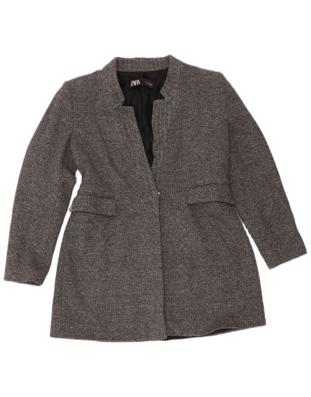 Zara Damen 1-Knopf-Blazerjacke UK 16 Große graue Baumwolle mit Fischgrätenmuster