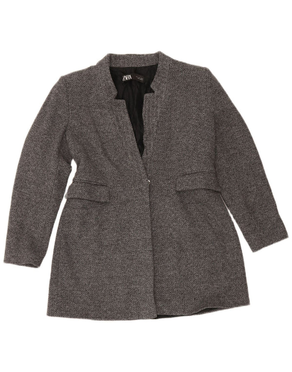 Zara Womens 1 Button Blazer Jacket UK 16 Large Grey Herringbone Cotton