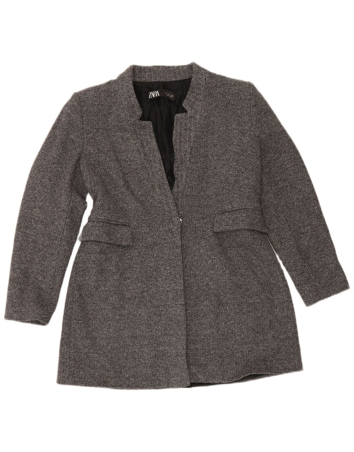 Zara Damen 1-Knopf-Blazerjacke UK 16 Große graue Baumwolle mit Fischgrätenmuster