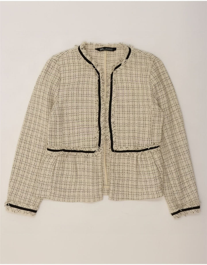 Offene Blazerjacke für Damen von Zara, Gr. 10, Größe S, beige, kariert, Polyester