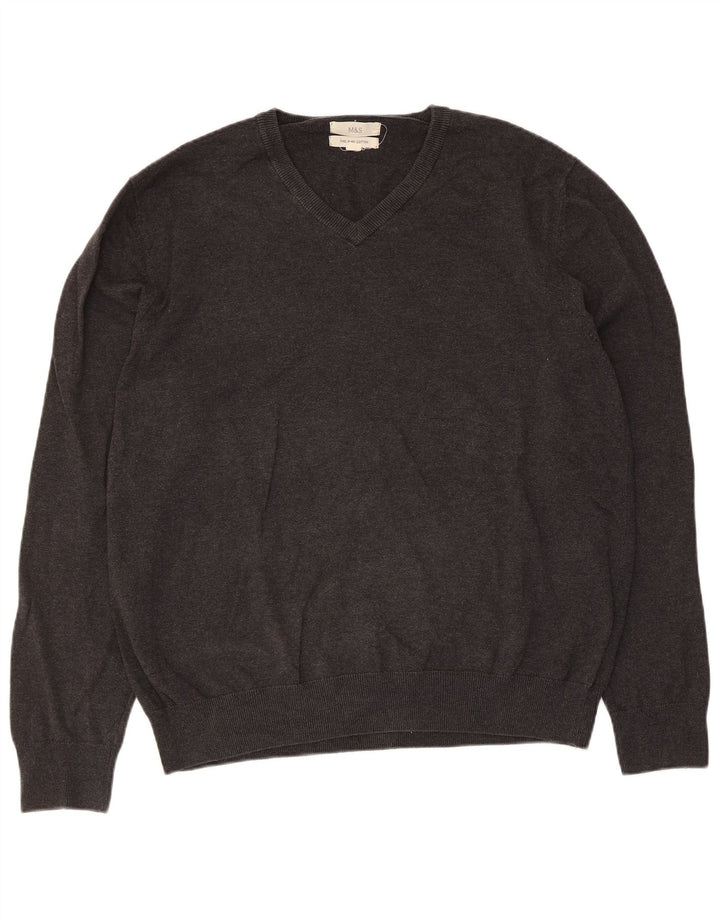 Marks & Spencer Herren-Pullover mit V-Ausschnitt, XL, graue Baumwolle