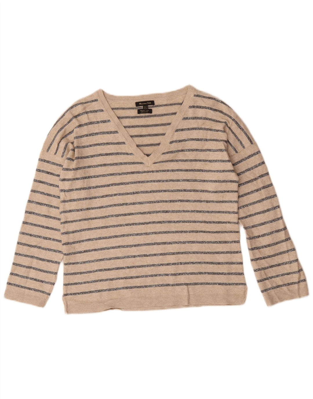 Massimo Dutti Damen-Pullover mit V-Ausschnitt, Gr. 10, Größe S, Beige, gestreift