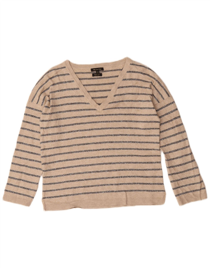 Massimo Dutti Damen-Pullover mit V-Ausschnitt, Gr. 10, Größe S, Beige, gestreift