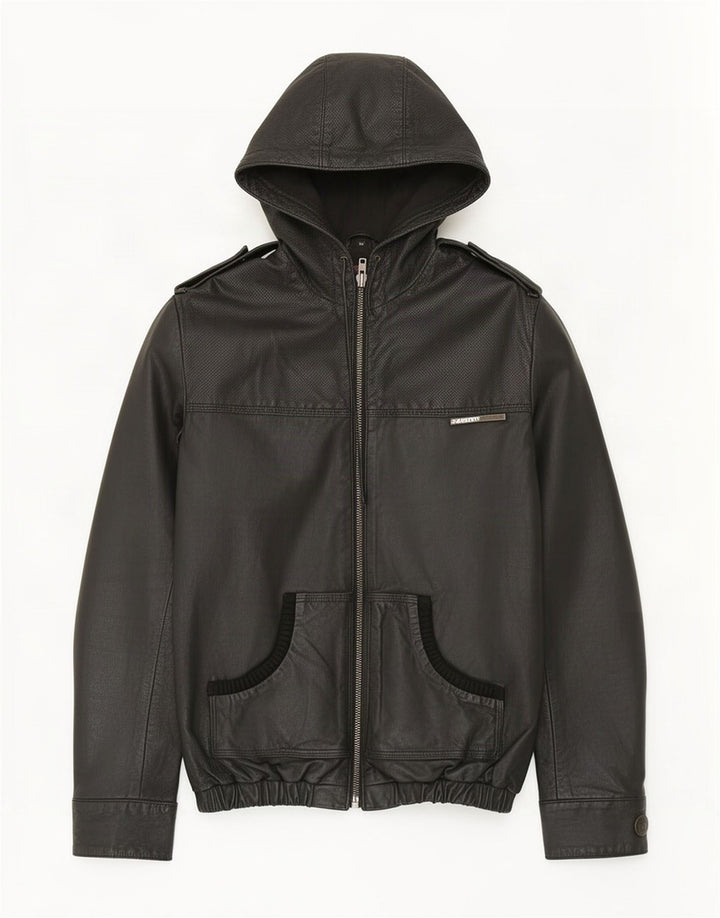Superdry Herren Militär-Lederjacke mit Kapuze, UK 38, mittelschwarz