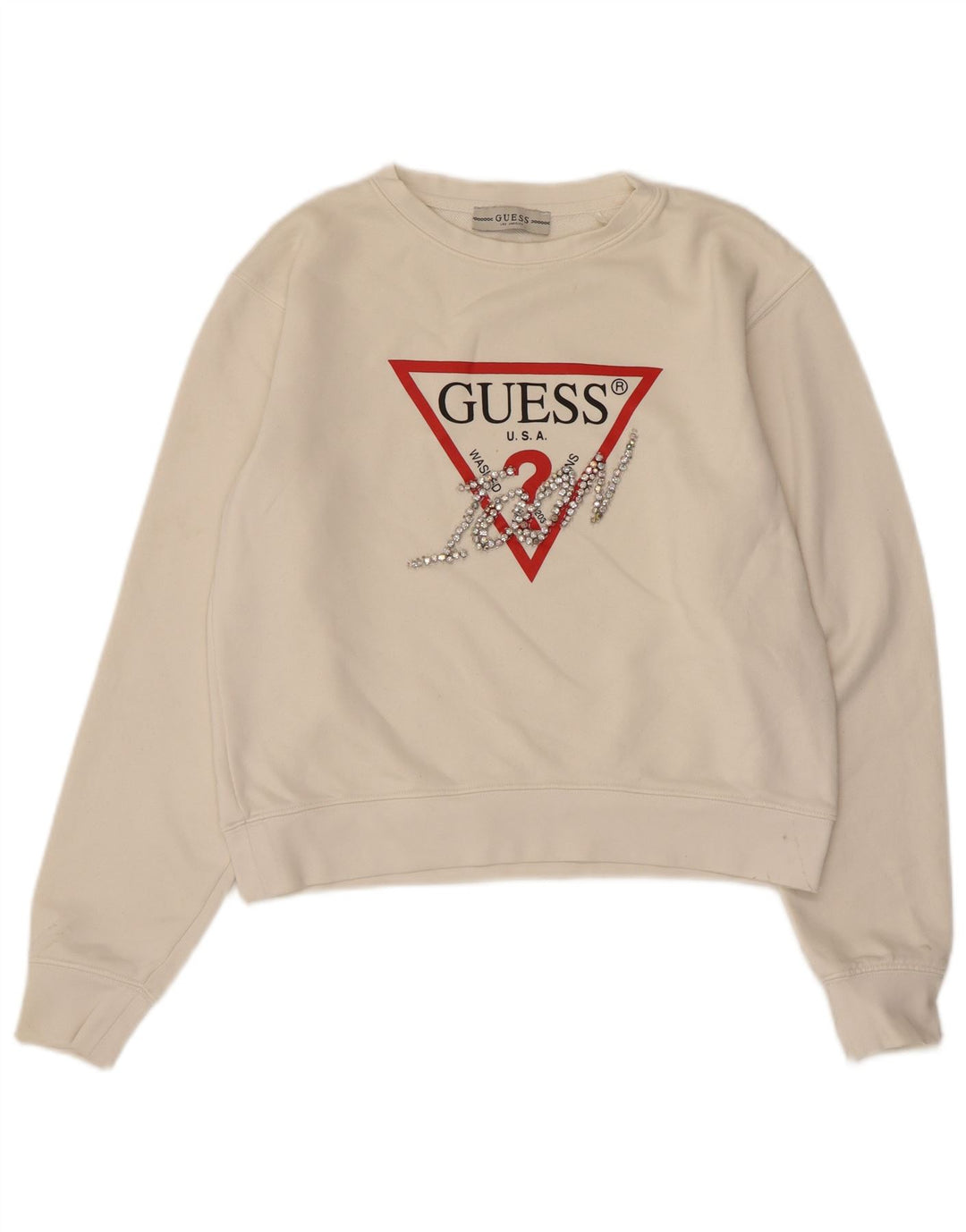 Guess Damen Crop Graphic Sweatshirt Pullover UK 10 Small Off White Polyamid